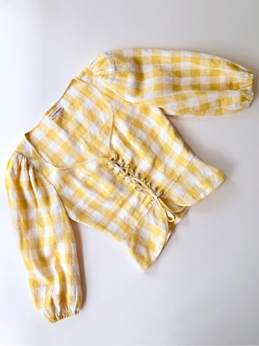 Reformation Barrett Linen Top in Dandelion Check - Corset Lace Up Yellow White 6